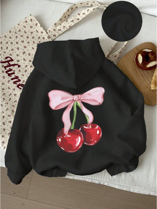 Women'S Casual Polyester Hoodie with Cherry Bow Graphic Print, Drawstring Hooded Sweatshirt, All-Season Knit Fabric Pullover, 100% Polyester, 250g/m² - Cozy & Stylish