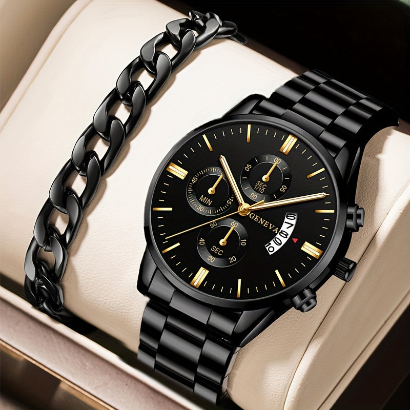 2PCS Fashion Mens Bracelet Watches Set Men Business Stainless Steel Quartz Watch Male Calendar Date Wristwatch