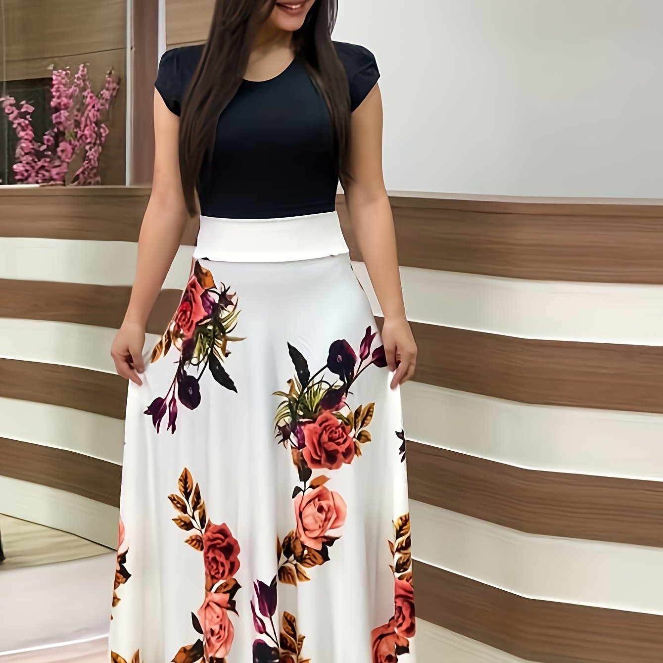 Floral Print Splicing Maxi Dress, Casual Crew Neck Short Sleeve Dress For Spring & Summer, Women's Clothing