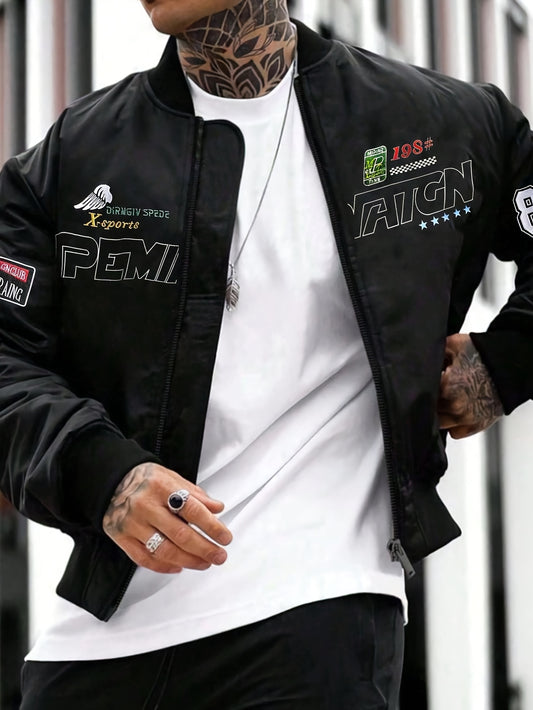 1pc Men'S Casual Street Style Baseball Jacket - 100% Polyester Long Sleeve Zip-Up with Letter and Number Patterns, Non-Stretch Woven Fabric, Regular Fit for Teens and Adults - Spring/Fall Outerwear