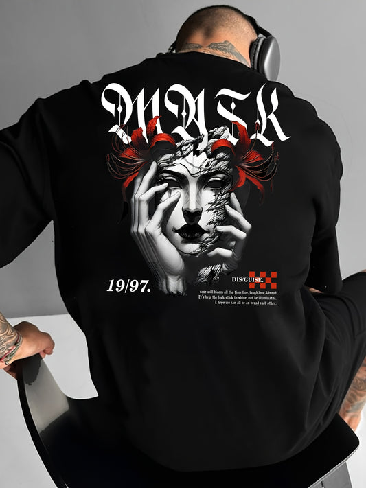 Men'S Street Style "MASK" Graphic Print T-Shirt, 100% Polyester Crew Neck Tee, Slight Stretch Knit Fabric, Loose Fit Alphabet Pattern Top for Summer - Red Accents & 19/97 Detail