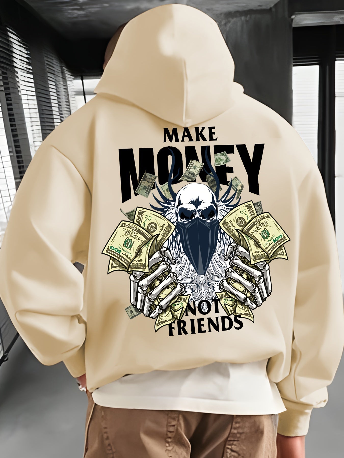 MAKE MONEY NOT FRIENDS Print Kangaroo Pocket Hoodie, Casual Long Sleeve Hoodies Pullover Sweatshirt, Men's Clothing, For Fall Winter