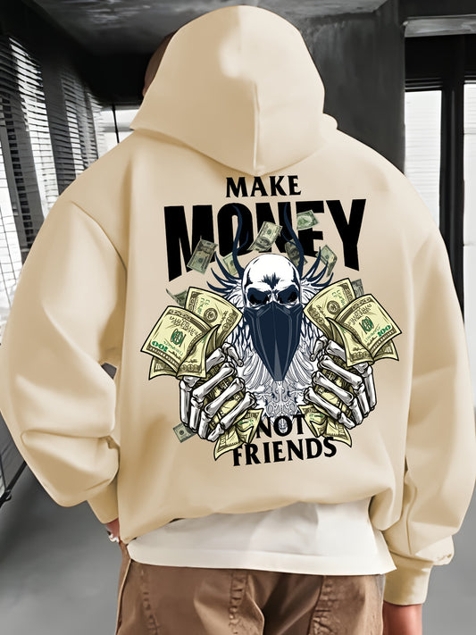 MAKE MONEY NOT FRIENDS Print Kangaroo Pocket Hoodie, Casual Long Sleeve Hoodies Pullover Sweatshirt, Men's Clothing, For Fall Winter