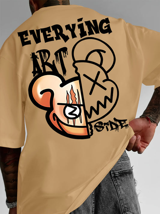 Men's Street Style Double-Sided Bear & Skull Graphic Tee - Casual Loose Fit, Polyester, Crew Neck, Short Sleeve with "EVERYTHING ART" Print, Summer Wear