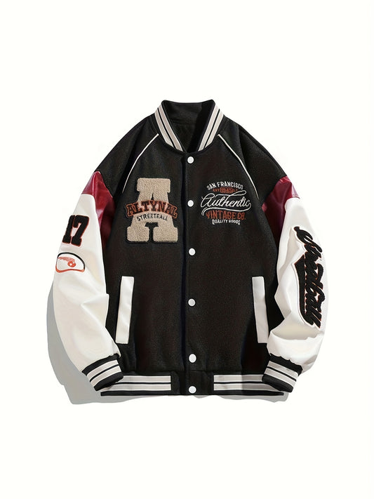 Men's Fashion Letter Embroidery Faux Leather Baseball Jacket with Loose Sleeves, Casual Color Block Design - Polyester, Machine Washable, Genghis Khan, Autumn And Winter, Versatile