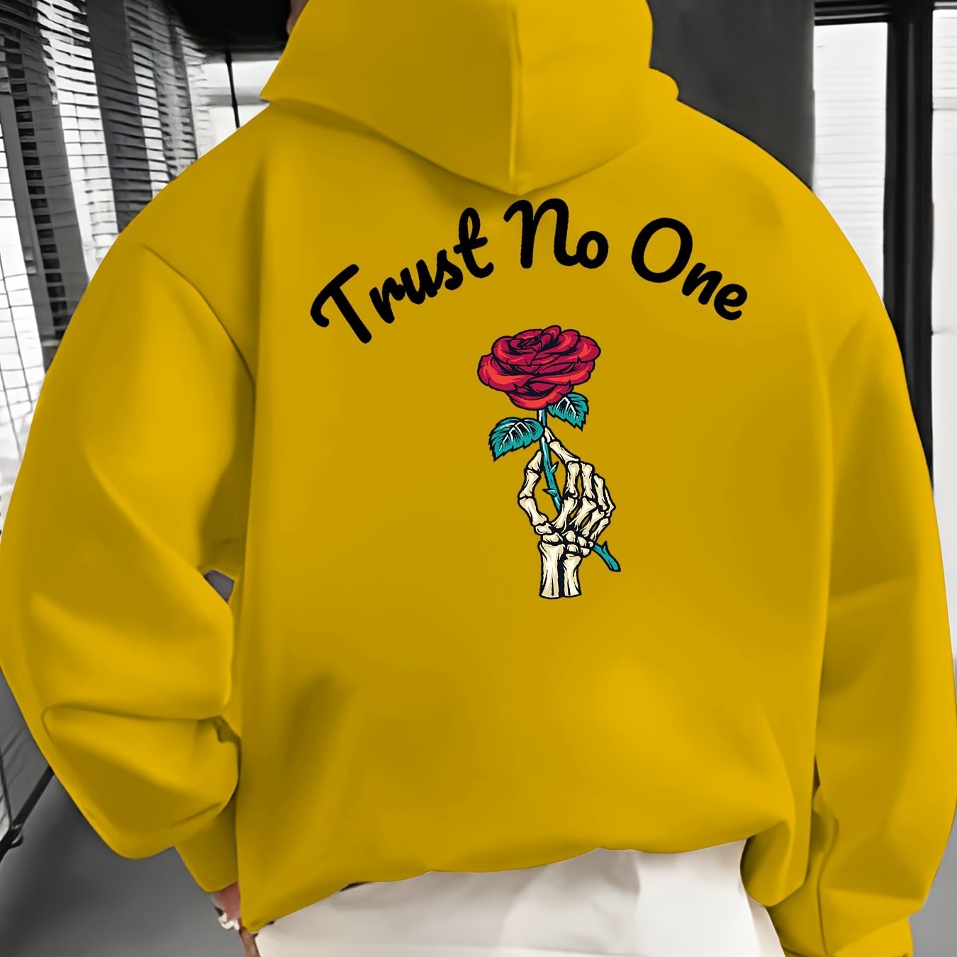 Rose Print Kangaroo Pocket Hoodie, Casual Long Sleeve Hoodies Pullover Sweatshirt, Men's Clothing, For Fall Winter