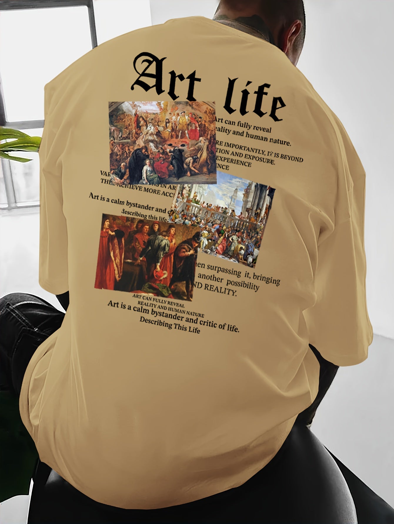 Men's Art Life Printed T-Shirt, Casual Loose Fit Round Neck Short Sleeve Tee, Polyester Blend, Vintage Oil Painting & Lettering Design, Summer Fashion Top for Men