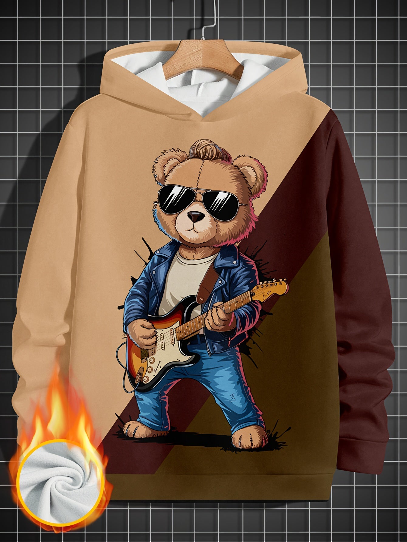 Men's Fleece-Lined Hoodie with Guitar Bear Print - Casual & Trendy Color Block Pullover, Long Sleeve, Machine Washable