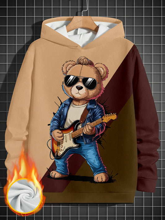 Men's Fleece-Lined Hoodie with Guitar Bear Print - Casual & Trendy Color Block Pullover, Long Sleeve, Machine Washable