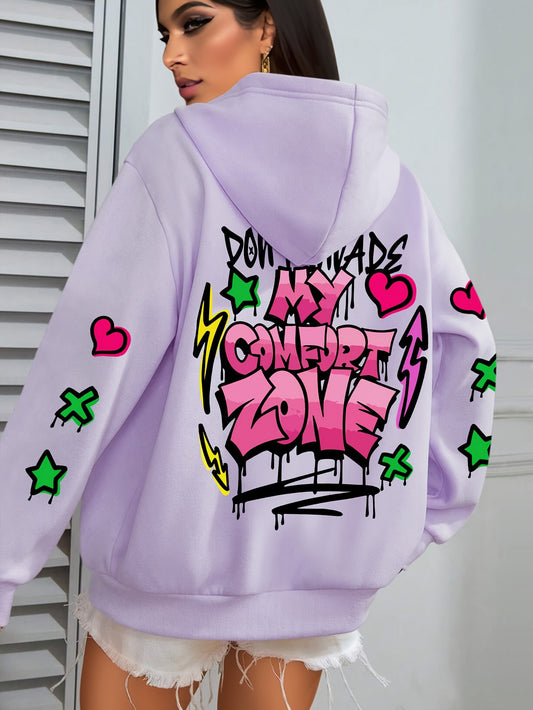Women's Plus Size Graffiti-Style Hoodie - Casual Long Sleeve with Pocket, Purple "MY COMFORT ZONE" Graphic Hooded Sweatshirt for Fall & Winter, Cozy Pullover | Graffiti Print Hoodie | Fleecelined Comfort, Sweater Hoodie