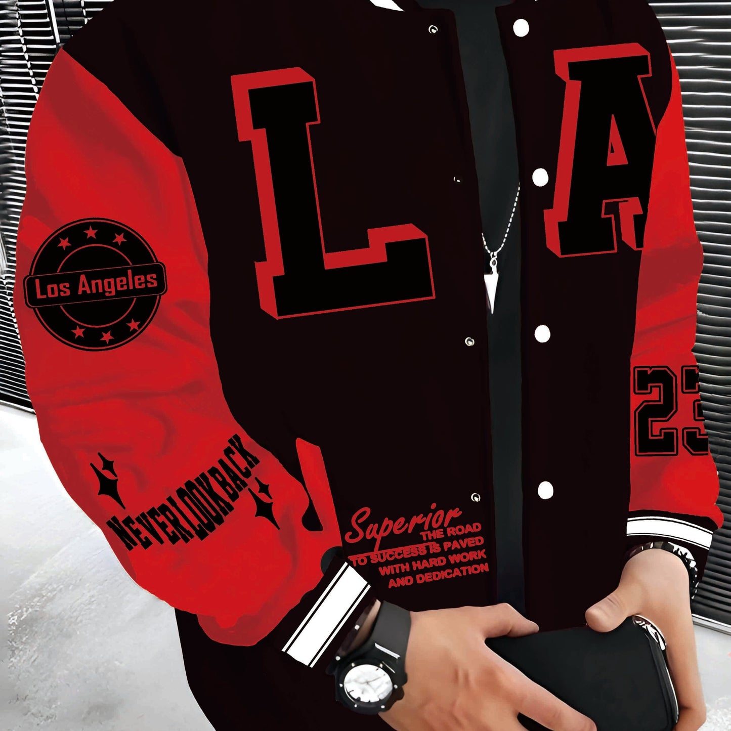 Los Angeles LA Fashion Baseball Jacket for Men - Lightweight, Warm Varsity Coat with Pockets, Machine Washable, Polyester