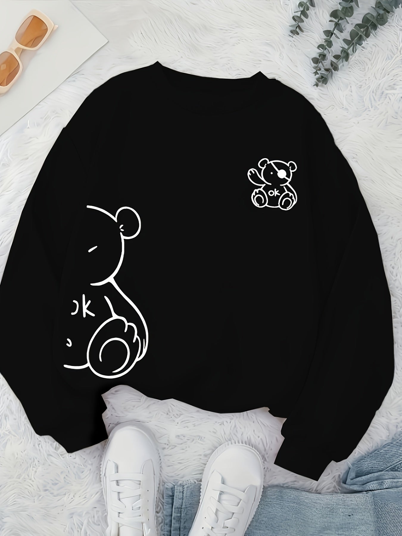 Cuddle-Ready, Women's Cute Pirate Bear Print Crew Neck Sweatshirt - Cozy Polyester, Machine Washable, Non-Sheer, Knit Fabric, Perfect for Fall & Winter - Casual Long Sleeve Pullover