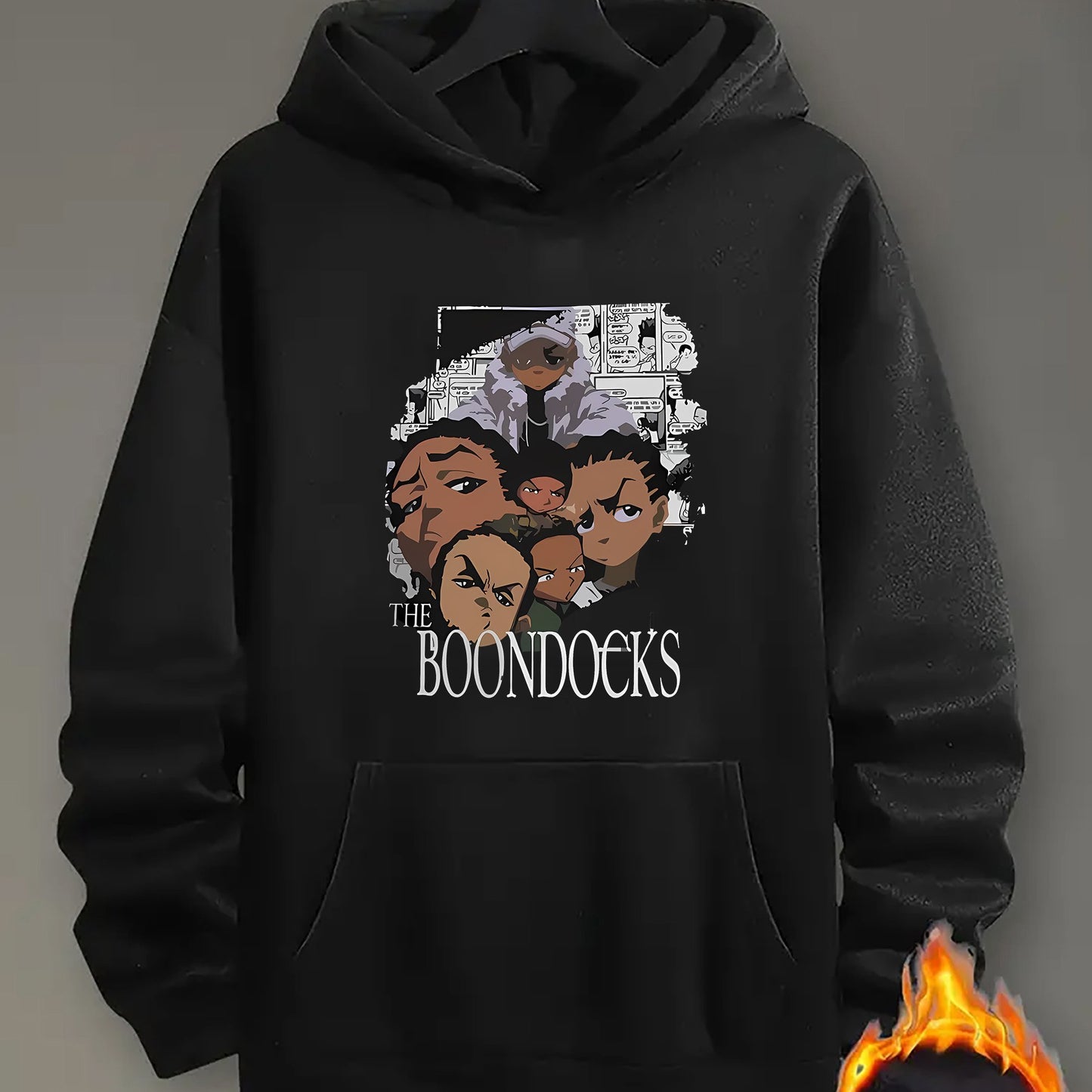 Boondocks Graphic Print Hoodie for Men - Casual Knit Polyester 100% Pullover with Kangaroo Pocket, Long Sleeve Loose Fit Hooded Sweatshirt for All Seasons, Geometric Cartoon Character Design Top