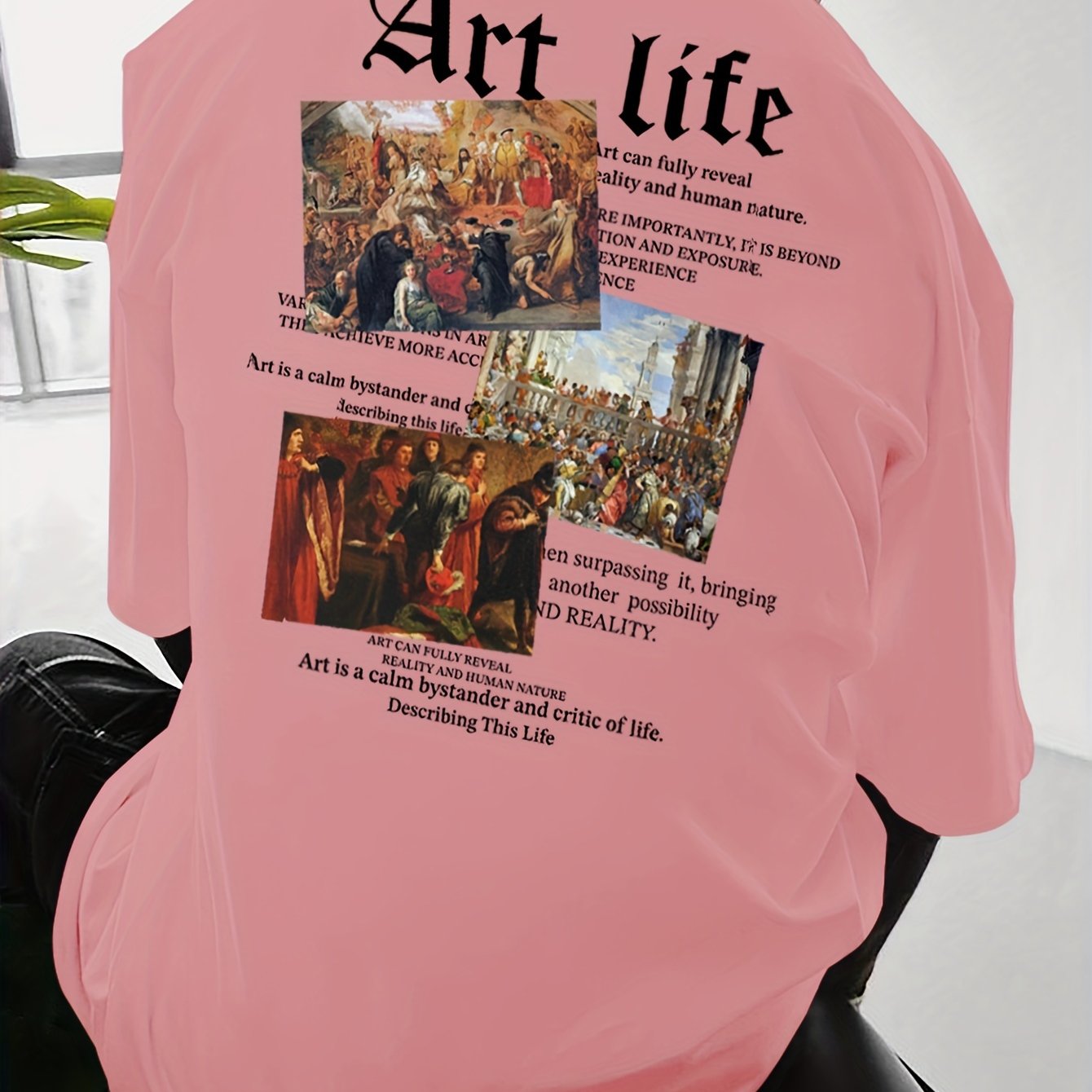 Men's Art Life Printed T-Shirt, Casual Loose Fit Round Neck Short Sleeve Tee, Polyester Blend, Vintage Oil Painting & Lettering Design, Summer Fashion Top for Men