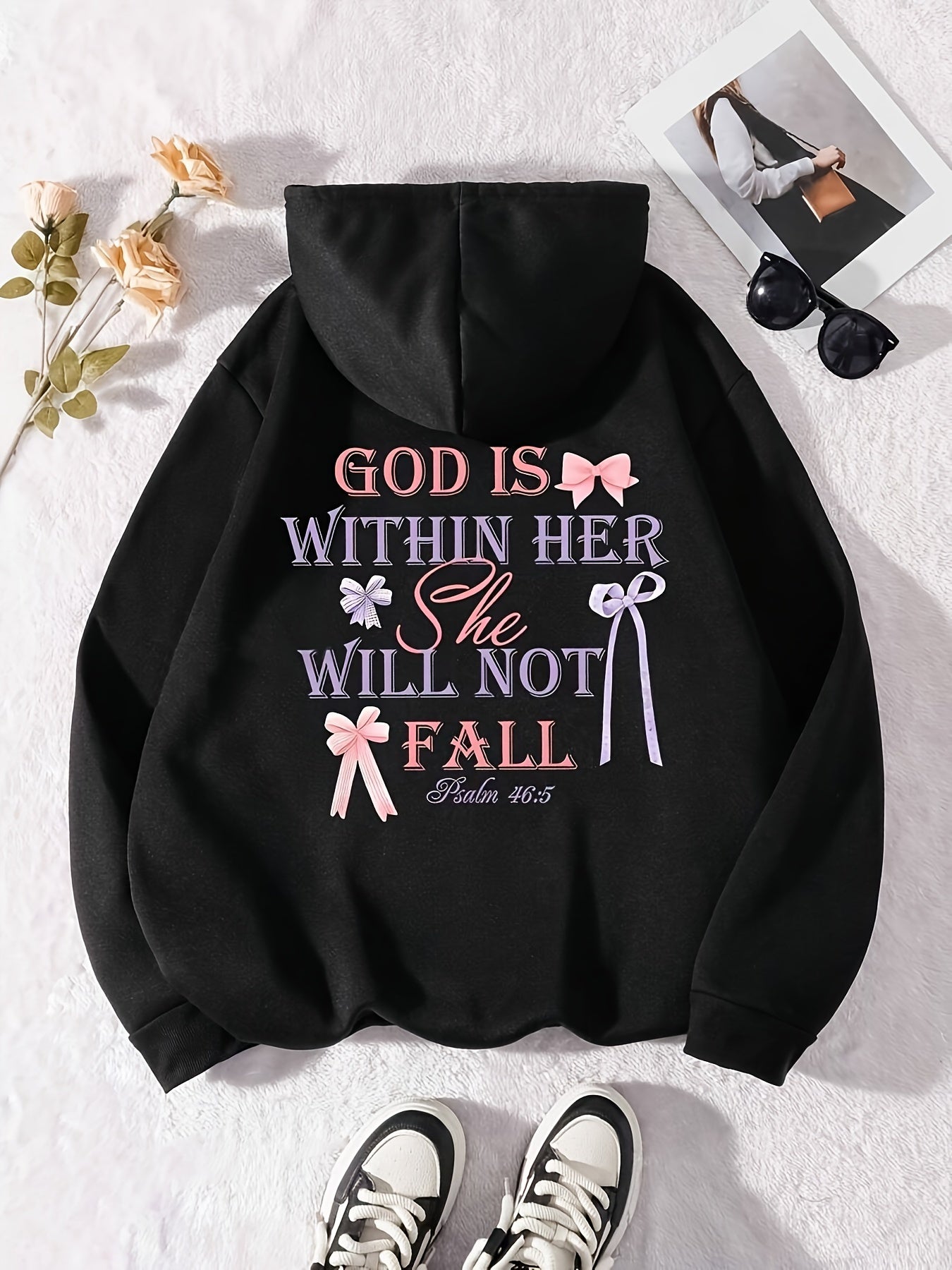Women's Inspirational Quote Hoodie with Psalm 46:5 - Casual Style Polyester Knit Hooded Sweatshirt with Floral Design - All Season Comfort Pullover