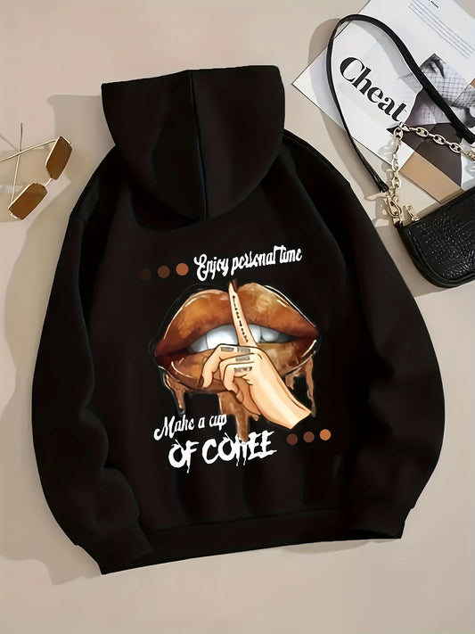 Playful, Women's Casual Sports Hoodie with "Shut Up & Make Coffee" Graphic - Black Polyester Pullover with Drawstring, Machine Washable, Casual Sportswear|Cheeky Graphic Hoodie|Polyester Hoodie