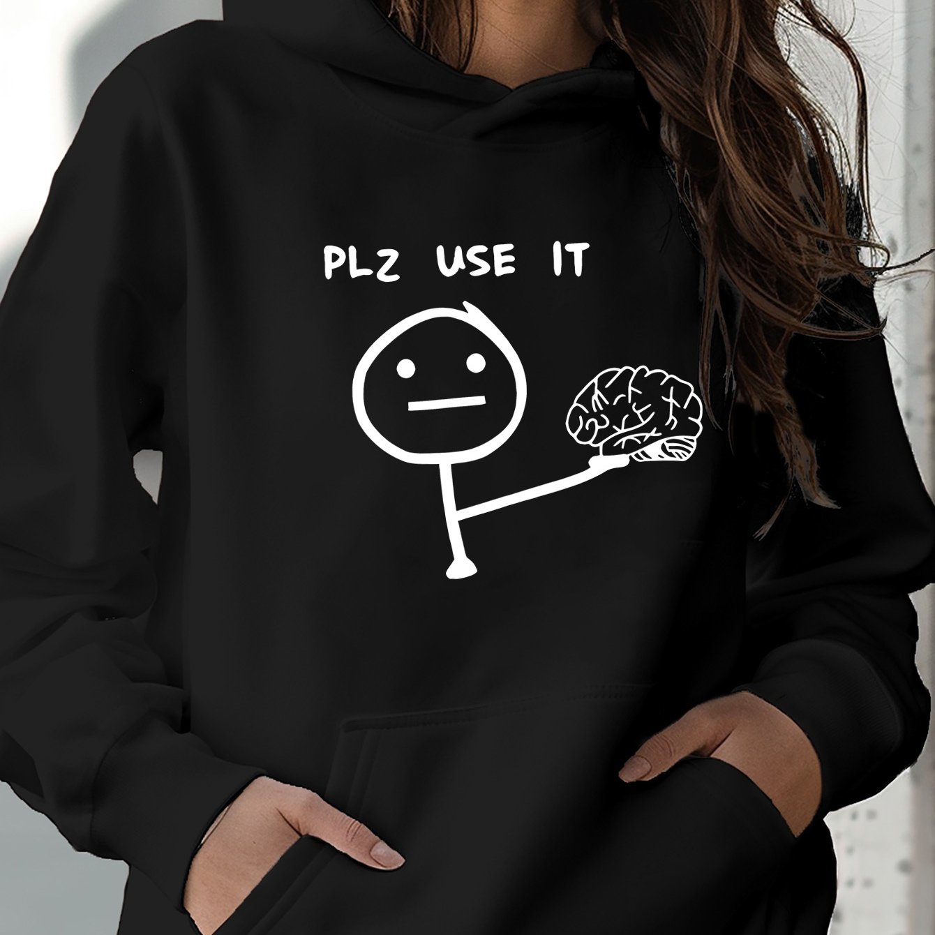 1pc "PLZ USE IT" Graphic Print Hoodie - Women'S Active Long Sleeve Sweatshirt, Street Style, Fashionable Hood and Spacious Kangaroo Pocket, Soft and Comfortable Polyester Knit Fabric, Casual All-Season Sweatshirt