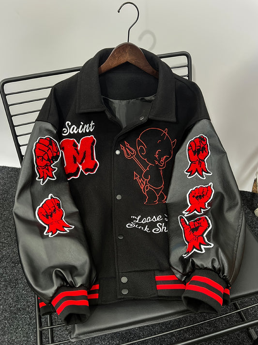 Saint Michael Embroidered Baseball Jacket, Unisex Hip-Hop Casual Outerwear, Fall/Winter Collection, Polyester 70%, Polyurethane 30%, Non-Stretch Fabric, Loose Fit, Lapel Collar, Vintage-Inspired Design, 1g/m² Lining Weight