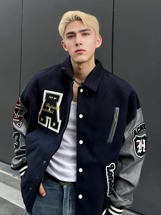 Men'S Street Style Baseball Jacket with Embroidered Alphabet Details, Polyester with PU Leather Sleeves, Snap Closure, Long Sleeve, Non-Stretch Fabric, Lapel Collar, Woven, Towel Embroidery - Hip Hop Loose Fit Outerwear for S
