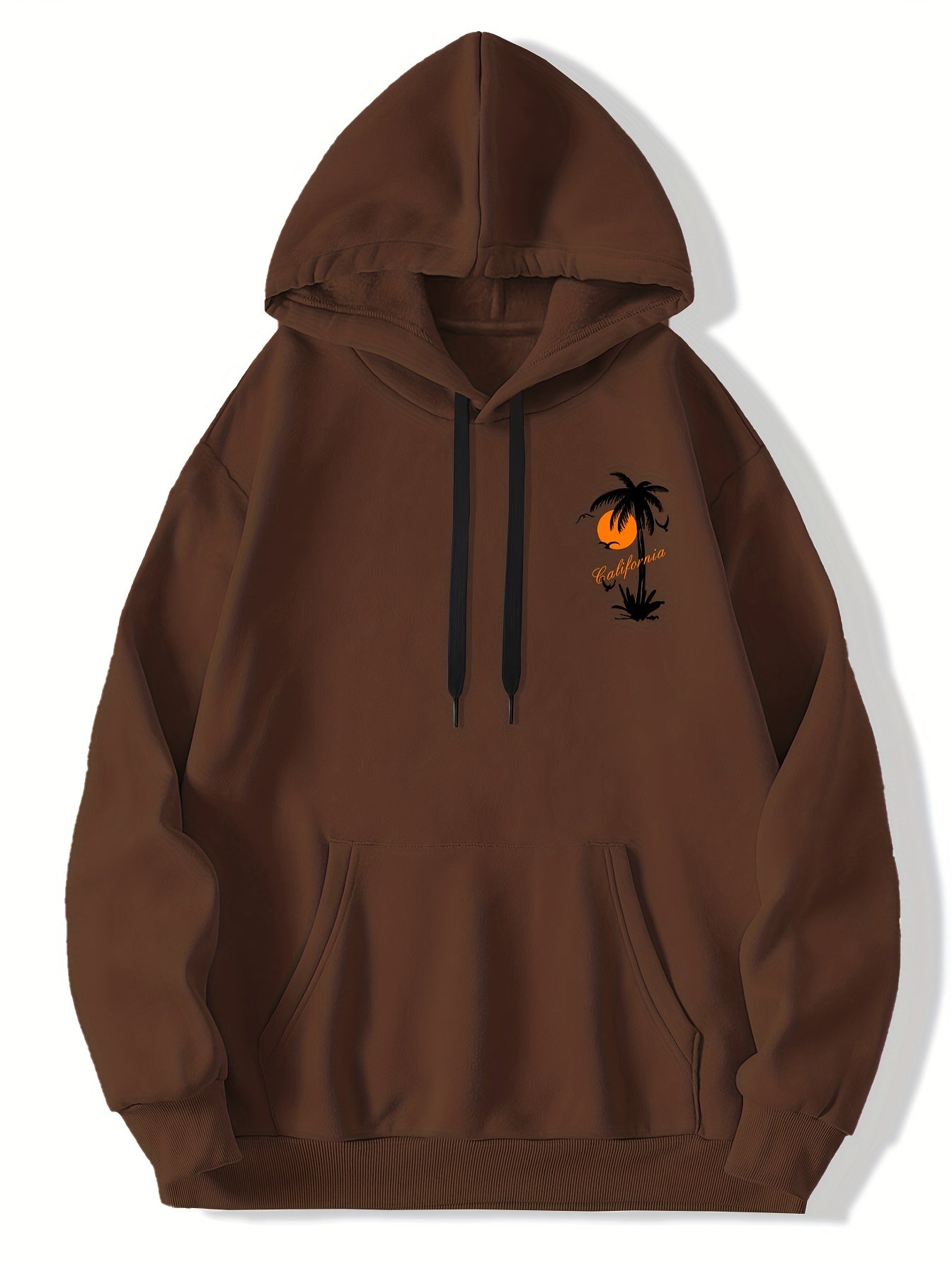 Men's California Summer Adventure Graphic Hoodie - Brown Polyester, Machine Washable, Knit Fabric with Hood, Non-Transparent, Print Design
