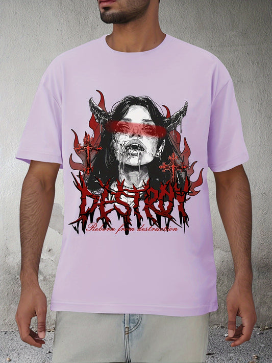 Gothic Anime Girl Graphic Print Men's Summer Outdoor Loose Fit T-shirt, Trendy Versatile Short Sleeved Tee For Daily Wear