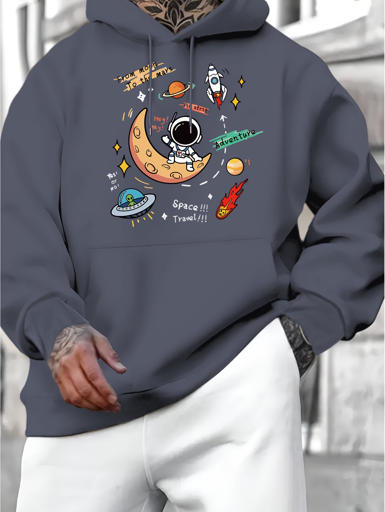 Men's Space Explorer Hoodie - Casual & Comfy Polyester Drawstring Sweatshirt with Astronaut & Planets Design, Perfect for Fall/Winter, Astronaut Decor