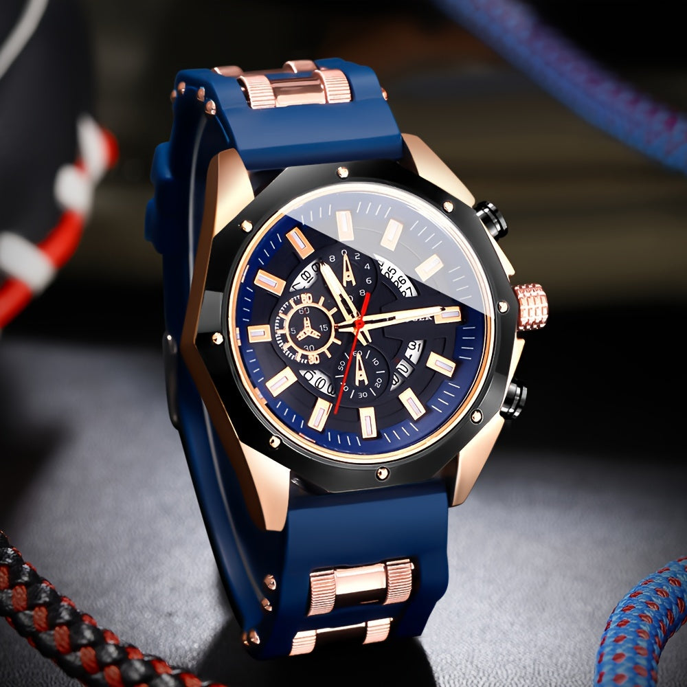 Fashion Men's Analog Quartz Watch, Leisure Sports Analog Digital Dial, Soft Silicone Strap, Calendar Display, Ideal Men's Valentine's Day, Father's Day, Homecoming Gifts -Eid Al-Adha [Middle East Orientation]