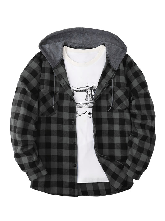 Fashionable Design Men's Plaid Pattern Hooded Long Sleeve And Button Up Shirt Jacket With Pockets, Chic And Trendy Hoodie Jacket For Outdoors Leisurewear