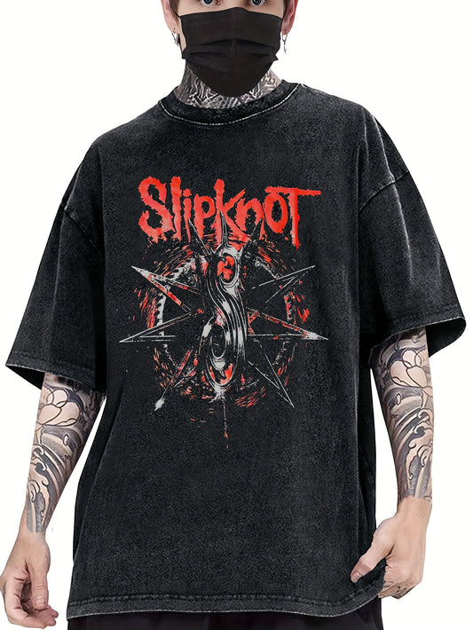 Vintage Slipknot Band Graphic Tee, 100% Cotton Crew Neck T-Shirt, Distressed Print Short Sleeve Pullover, Loose Fit Knit Fabric Top for Men, Plus Size Tshirts