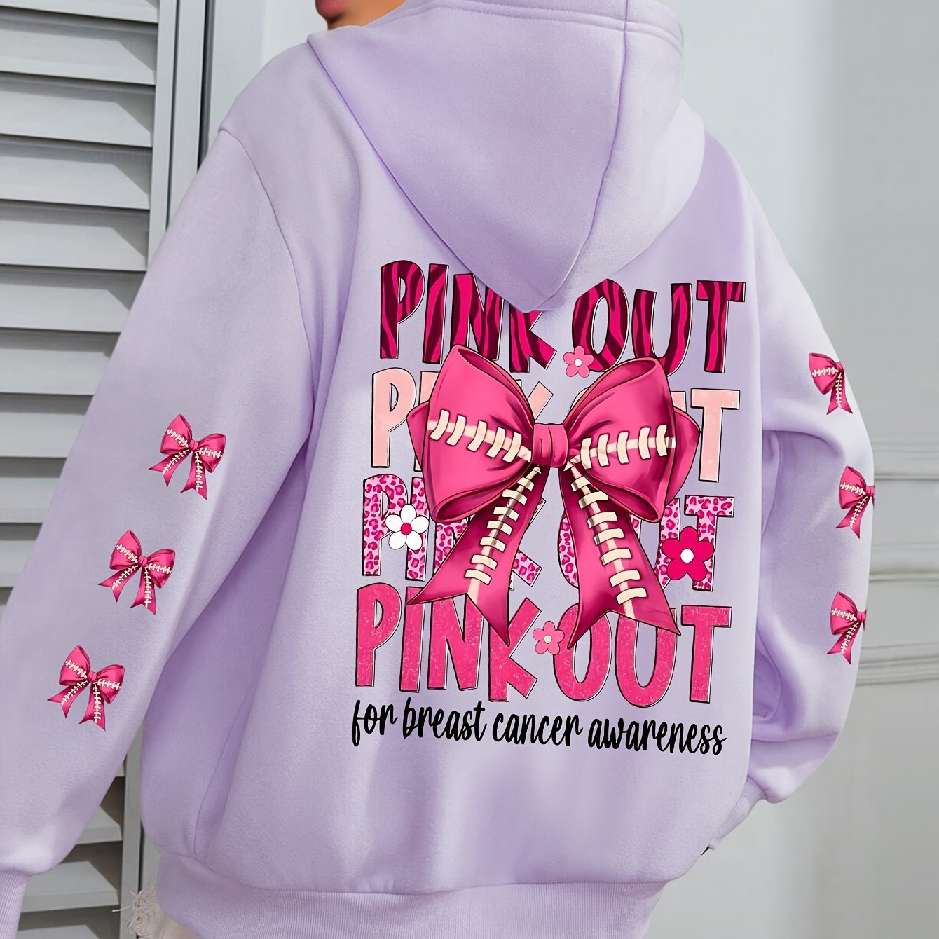 Women'S Plus Size Hoodie with Pink Ribbon Bowknot Print, Casual Long Sleeve Pullover with Pocket, 100% Polyester Knit Fabric, Slight Stretch, Fall/Winter Hooded Sweatshirt, Breast Cancer Awareness Design