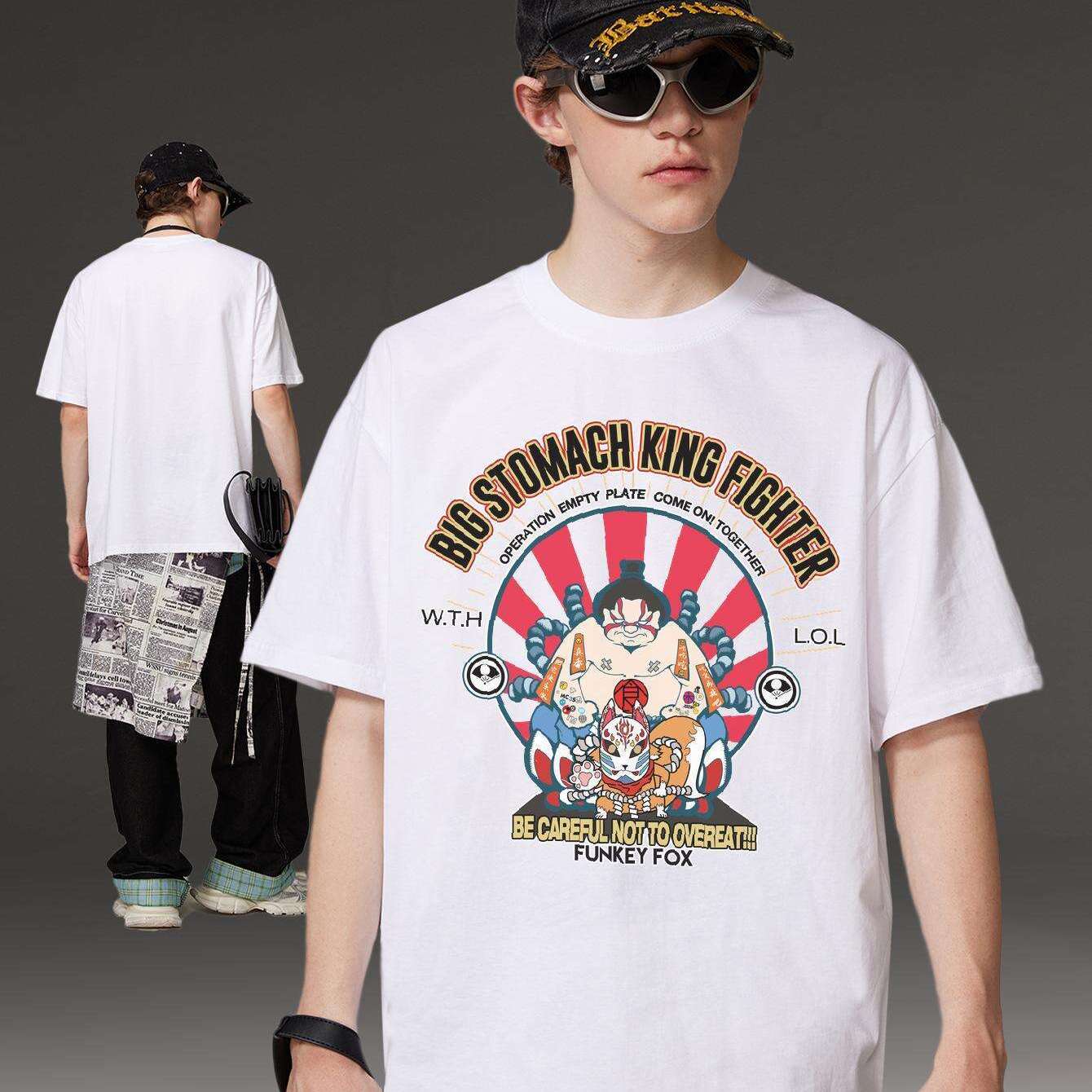PRIVATHINKER Men's "Big Shomach King Fighter" Graphic Tee - 100% Cotton, Oversized Harajuku Y2K Style, Casual Crew Neck Short Sleeve T-Shirt with Vibrant Cartoon Print, Perfect for Summer Wear