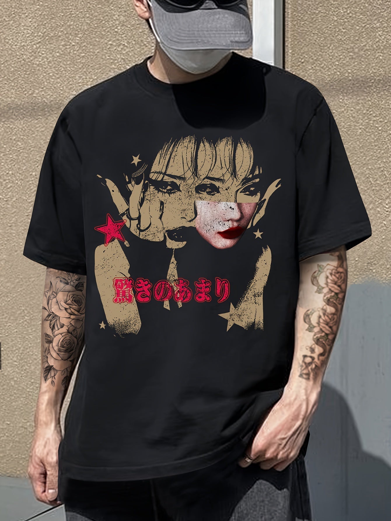 Men's Casual & Sporty Red Graphic Tee - Loose Fit, Short Sleeve with Unique Character Portrait Print, Polyester Blend, Machine Washable - Stylish Streetwear