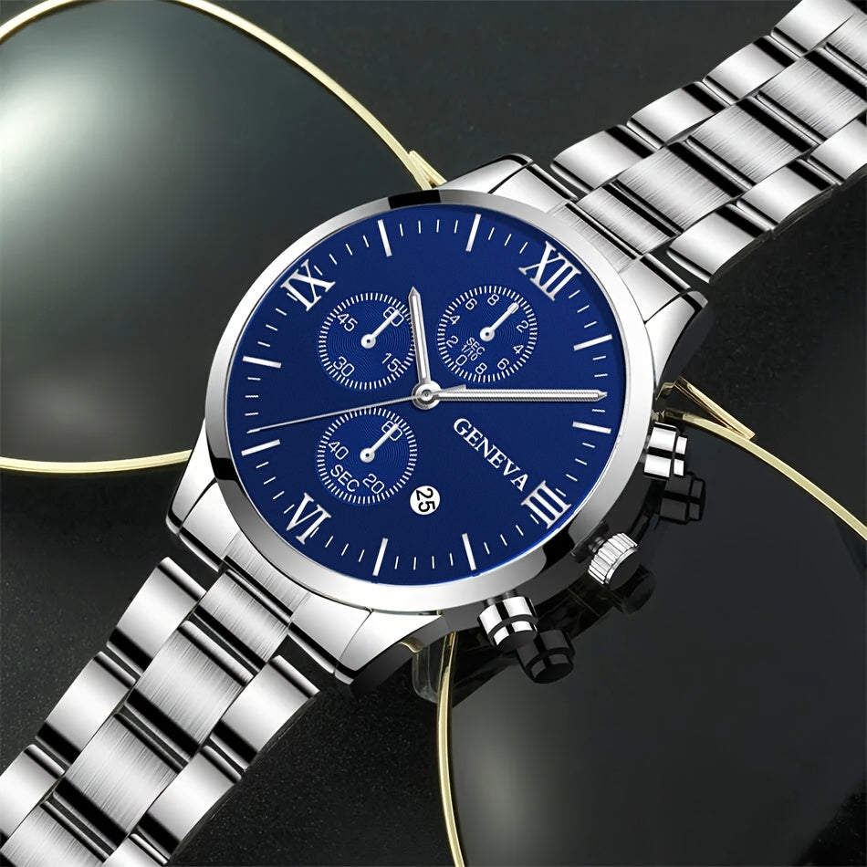 Luxury Gift Set For Men: Stainless Steel Quartz Watch With Calendar, Silvery Bracelet Necklace Ring - Perfect Accessories For Business And Leisure
