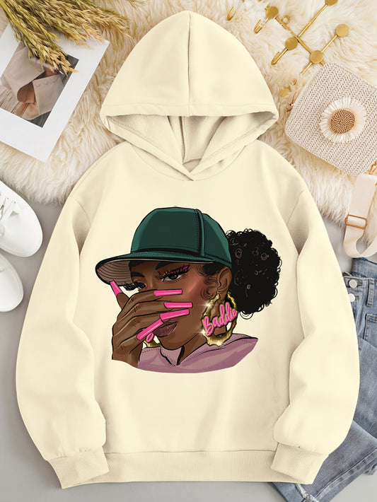 Chic Women's Hoodie with Letter Print - Casual Long Sleeve Pullover, Machine Washable, Polyester Blend for Fall & Spring