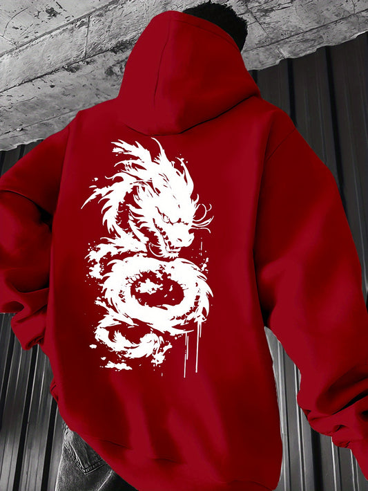 Men's Red Dragon Print Hoodie with Drawstring & Kangaroo Pocket - Casual Knit Pullover, Long Sleeve, Machine Washable for Spring/Fall