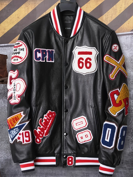 Men'S Embroidered Baseball Jacket, Casual Faux Leather with Polyester Lining, Stand Collar, Long Sleeve, Snap Closure, Regular Fit, Polyurethane 80%, Polyester 20% - Street Pilot Motorcycle Style