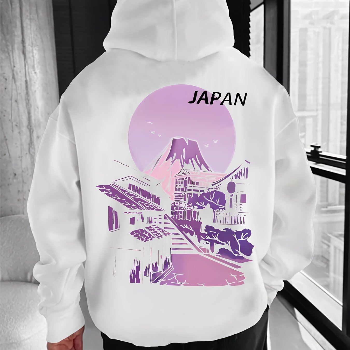 JAPAN Village Scene Printed Men's Stylish Pullover Hoodie, Autumn Winter Hooded Sweatshirt, Soft Fabric, Regular Fit