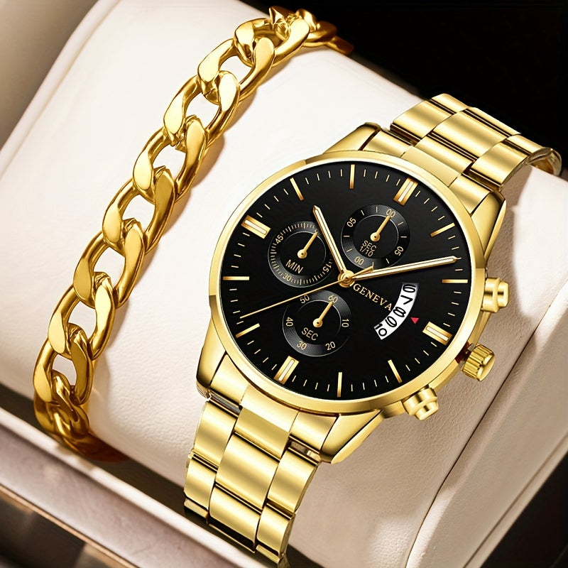 2PCS Fashion Mens Bracelet Watches Set Men Business Stainless Steel Quartz Watch Male Calendar Date Wristwatch