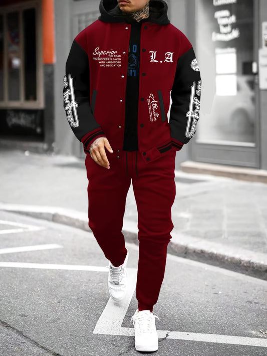 Men's Casual Polyester Baseball Jacket and Joggers Set, Geometric Pattern, Knit Fabric, Regular Fit, with Angel City Design, for Fall/Winter Lounge Suit, Comfortable Outfit|Baseball Jacket Set|Bold Geometric Print