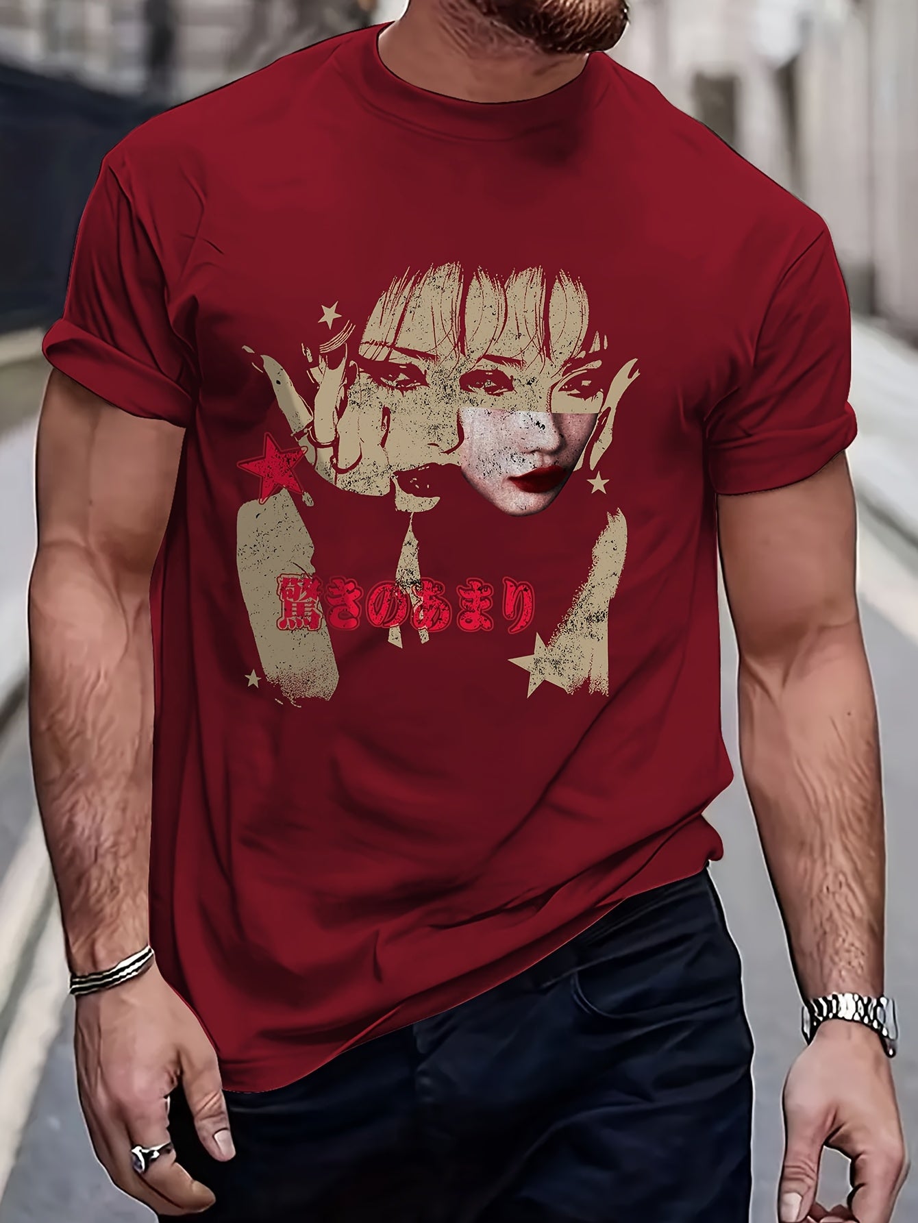 Men's Casual & Sporty Red Graphic Tee - Loose Fit, Short Sleeve with Unique Character Portrait Print, Polyester Blend, Machine Washable - Stylish Streetwear