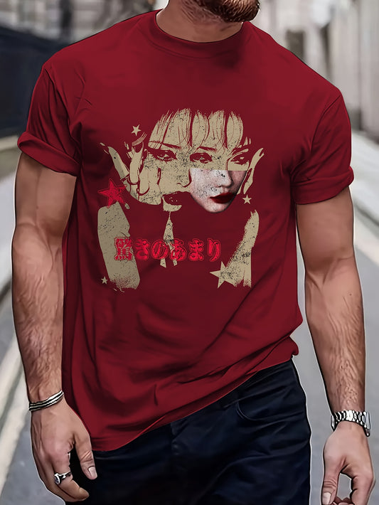 Men's Casual & Sporty Red Graphic Tee - Loose Fit, Short Sleeve with Unique Character Portrait Print, Polyester Blend, Machine Washable - Stylish Streetwear