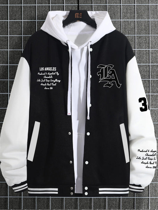 Men'S Casual LA Geometric-Pattern Baseball Jacket, 100% Polyester Knit Fabric, Regular Fit, with Slight Stretch, Button Closure and Polyester Lining, for All-Season Outerwear