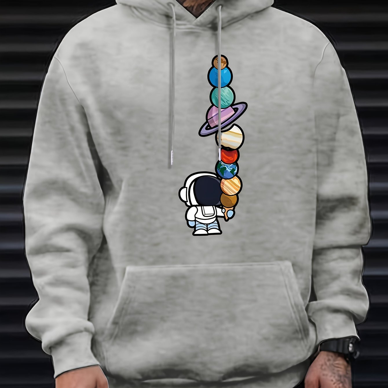 Astronaut And Planets Pattern Print Hooded Sweatshirt, Hoodies Fashion Casual Tops For Spring Autumn, Men's Clothing