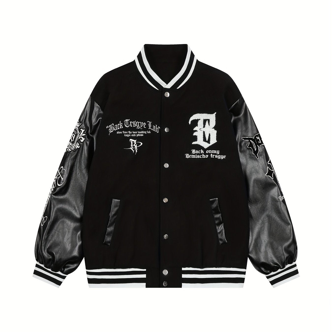 BEMCSHO Men's Casual Baseball Jacket Polyester - Letter Embroidered Geometric-Pattern PU Leather Sleeve Fall/Winter Varsity Jacket with Baseball Collar, Slight Stretch, Regular Fit