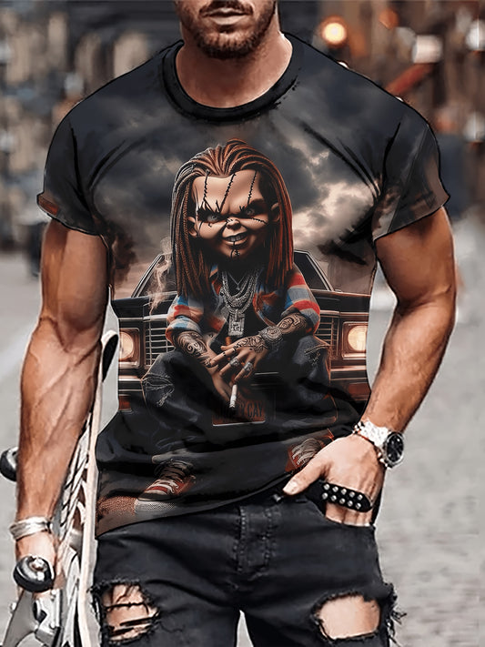 Cool Character 3D Pattern Print Men's Crew Neck Short Sleeve T-shirt, Casual Summer T-Shirt For Daily Wear And Vacation Resorts