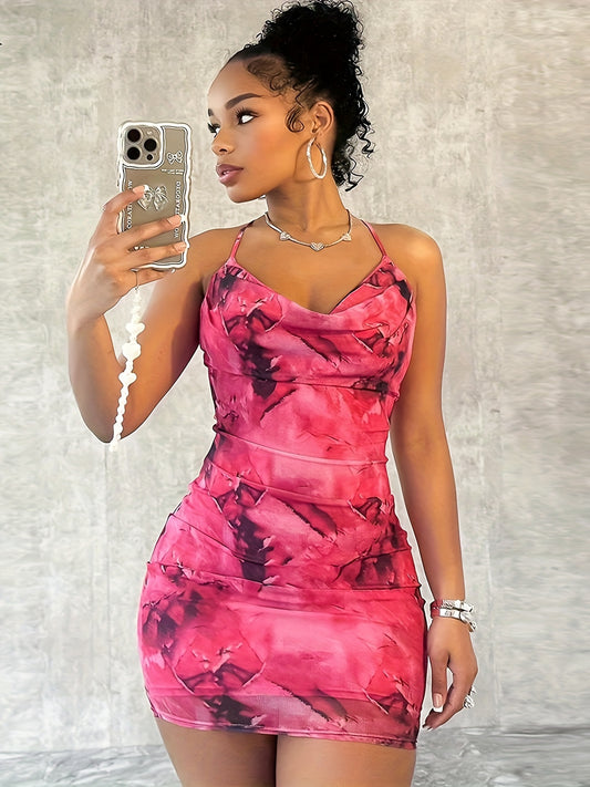 Women's Printed Strapless Hip Skirt with Crossed Neck and Exposed Back, Sexy Body-Hugging Dress