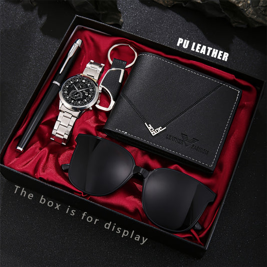 5pcs Men's Gift Box Set, Watch, Wallet, Pen, Keychain plus Glasses Combination, Unique Matching for You, Letting You Release Your Luxurious Temperament