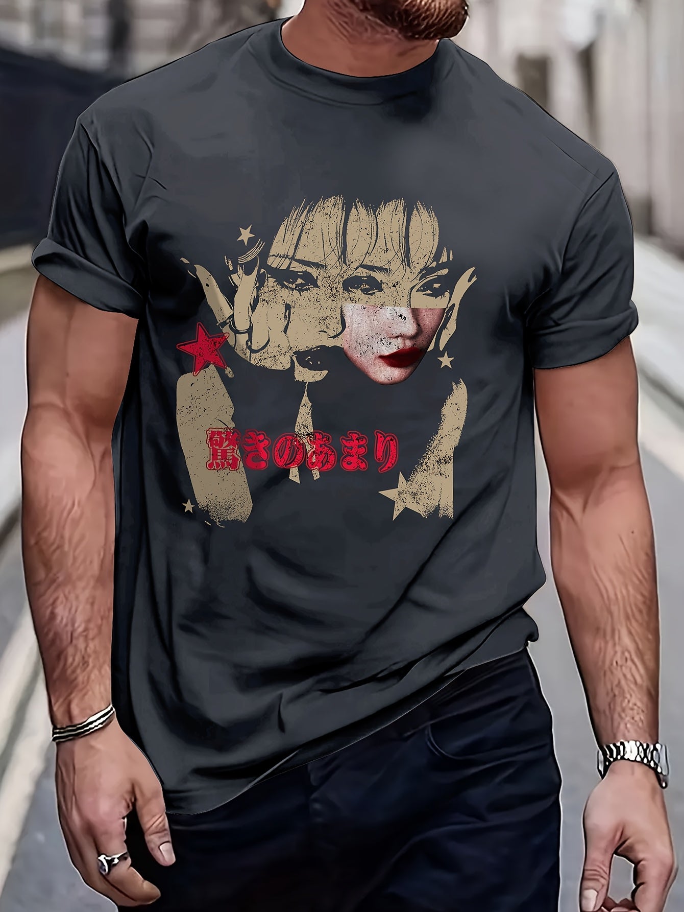 Men's Casual & Sporty Red Graphic Tee - Loose Fit, Short Sleeve with Unique Character Portrait Print, Polyester Blend, Machine Washable - Stylish Streetwear