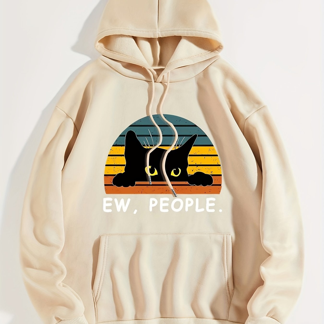 Cat Print Kangaroo Pocket Hoodie, Casual Long Sleeve Drawstring Hoodies Sweatshirt, Women's Clothing