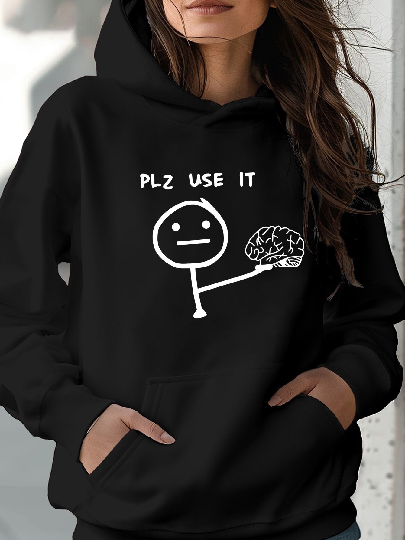 1pc "PLZ USE IT" Graphic Print Hoodie - Women'S Active Long Sleeve Sweatshirt, Street Style, Fashionable Hood and Spacious Kangaroo Pocket, Soft and Comfortable Polyester Knit Fabric, Casual All-Season Sweatshirt